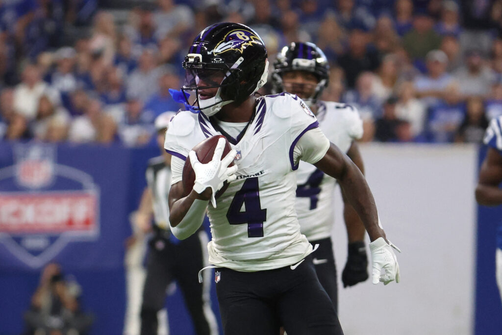 Zay Flowers, principal recebedor do Baltimore Ravens, é dúvida para enfrentar o Dallas Cowboys. Crédito: Trevor Ruszkowski-Imagn Images