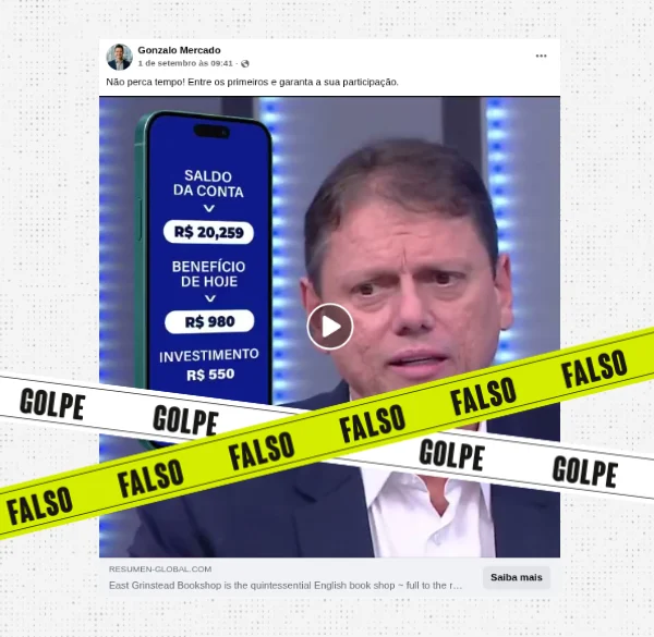 Deepfake de Tarcísio é usado para promover falsa plataforma de investimento