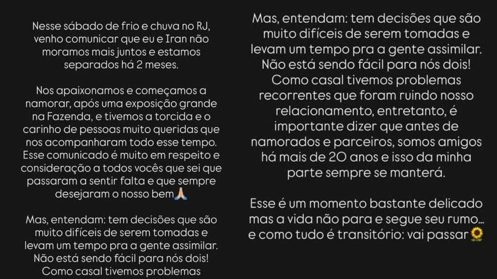 Texto publicado por B&aacute;rbara nas redes sociais (Cr&eacute;dito: Reprodu&ccedil;&atilde;o/Instagram @eubarbaraborges)